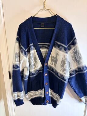 VTG Inca Artesanias Ecuadorian Blue Llama Geometric Knit Cardigan
